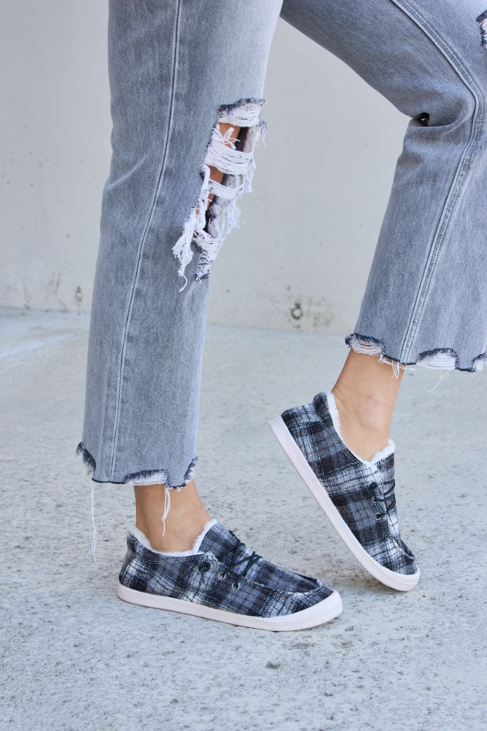 Forever Link Plaid Plush Flat Sneakers  Trendsi   