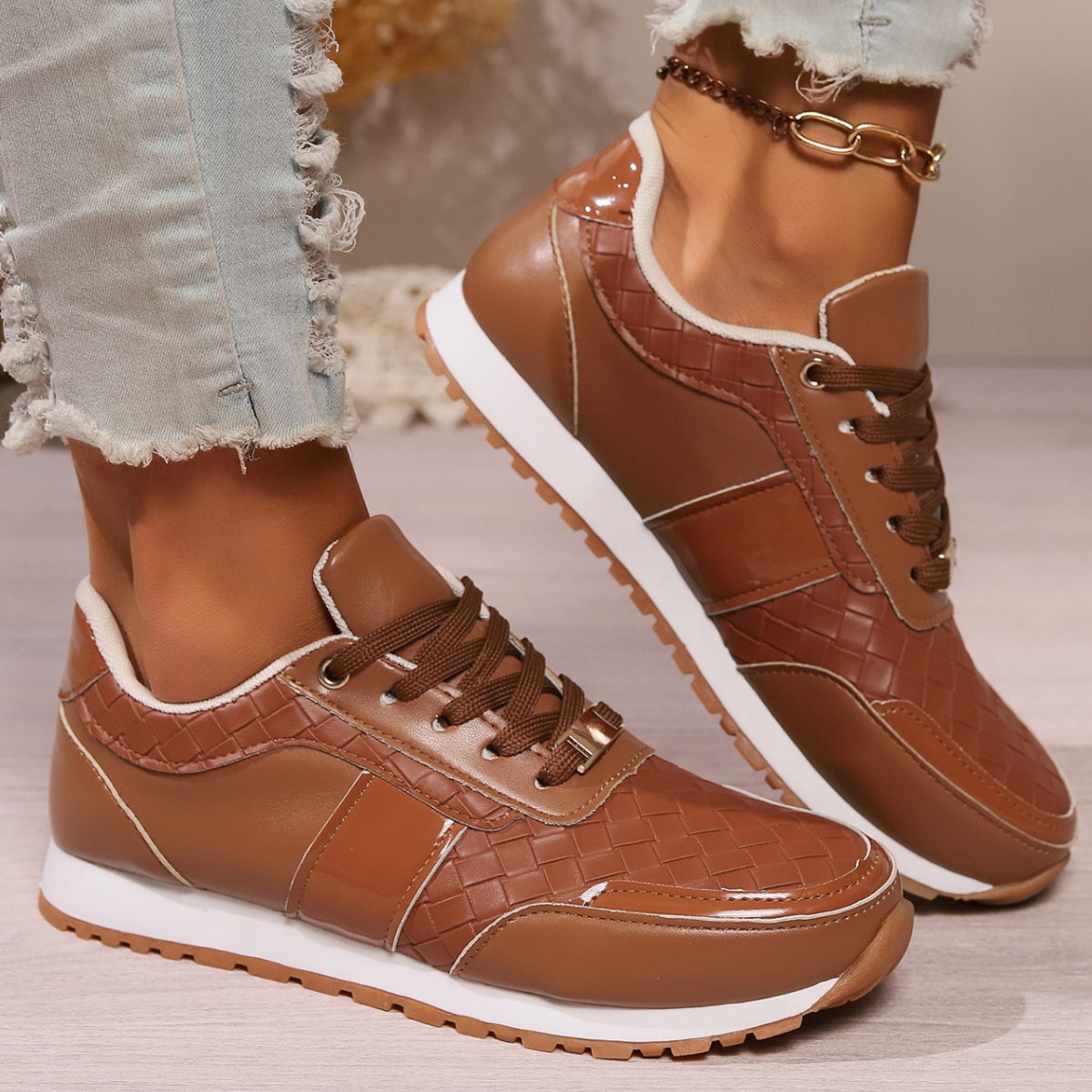 Lace-Up PU Leather Sneakers  Trendsi   