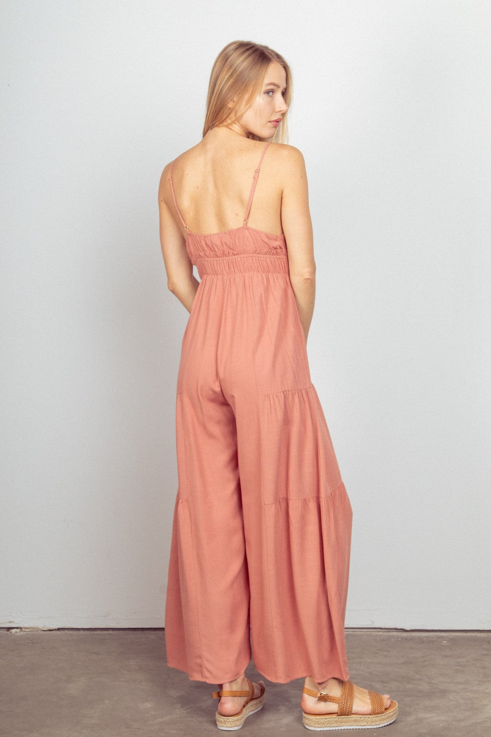 VERY J Sleeveless Ruched Wide Leg Jumpsuit  Trendsi   