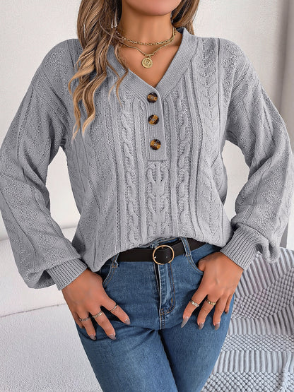 Cable-Knit V-Neck Long Sleeve Sweater  Trendsi Gray S 