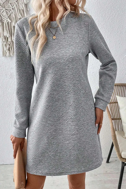 Textured Round Neck Long Sleeve Mini Dress Dress Trendsi   