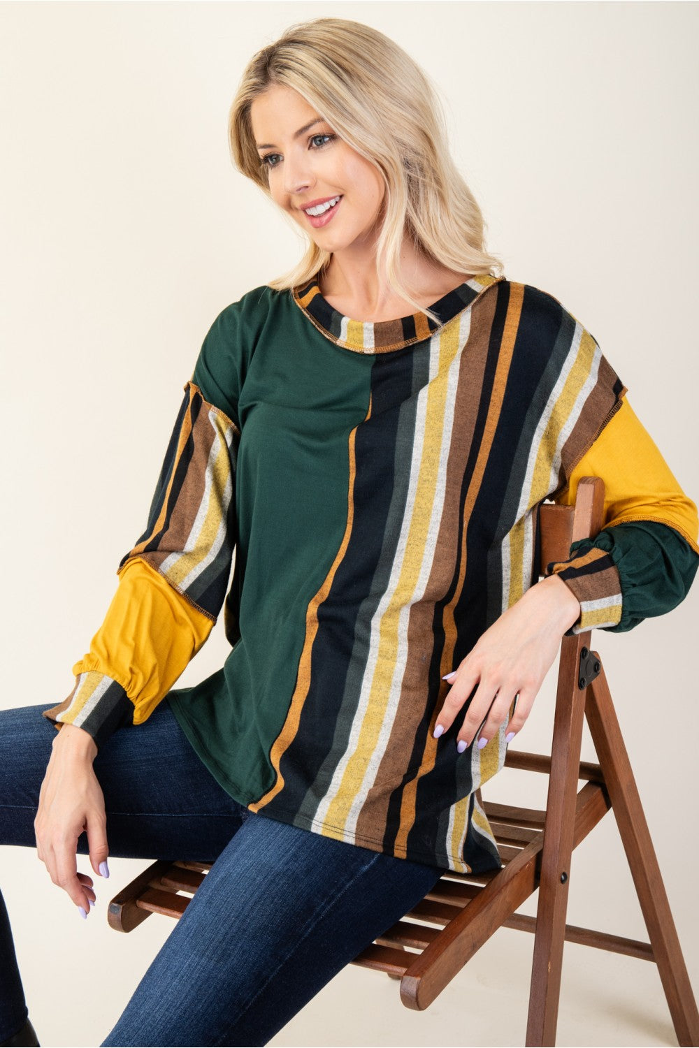 Celeste Full Size Striped Color Block Exposed Seam T-Shirt  Trendsi   