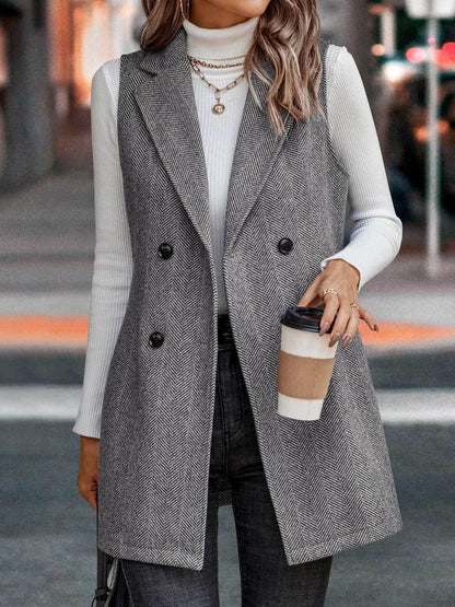 Buttoned Collared Neck Longline Vest Coat