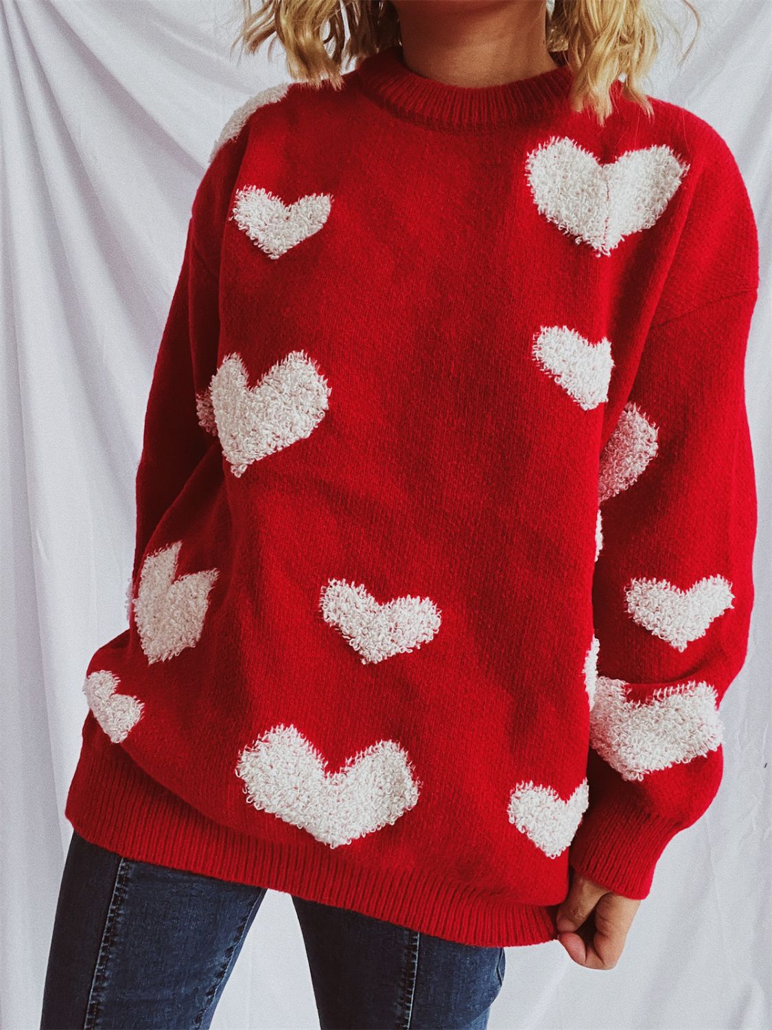 Heart Round Neck Dropped Shoulder Sweater  Trendsi   