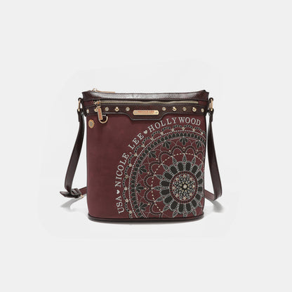 Nicole Lee USA Metallic Stitching Embroidery Inlaid Rhinestone Crossbody Bag  Trendsi Wine One Size 