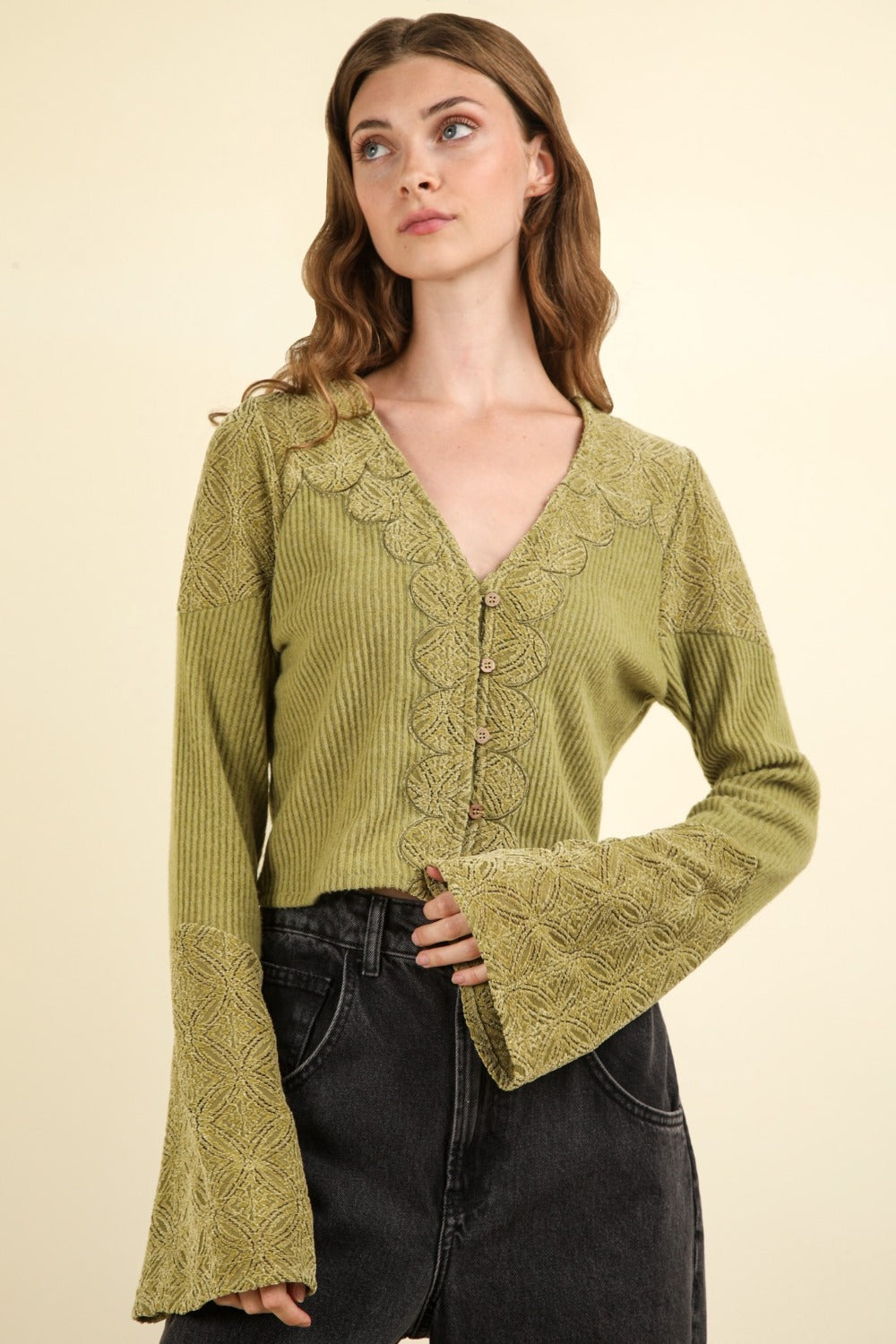 VERY J V-Neck Lace Detail Button Down Crop Ribbed Knit Top Luxe Trendsi   