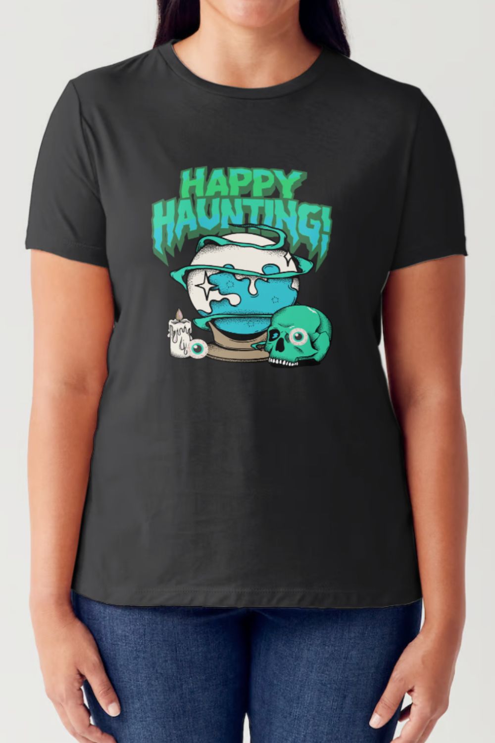 Simply Love Full Size HAPPY HAUNTING Short Sleeve Tubular T-Shirt T-Shirt Trendsi Black S 