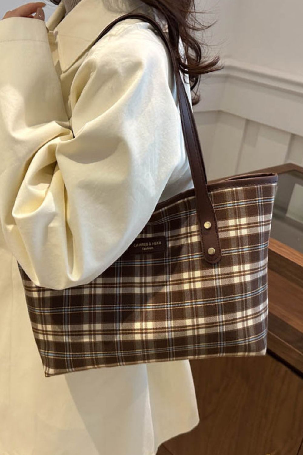 Plaid PU Leather Tote Bag  Trendsi   