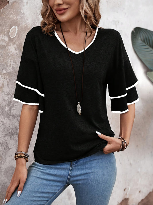 Contrast Trim V-Neck Half Sleeve Blouse Blouse Trendsi Black S 