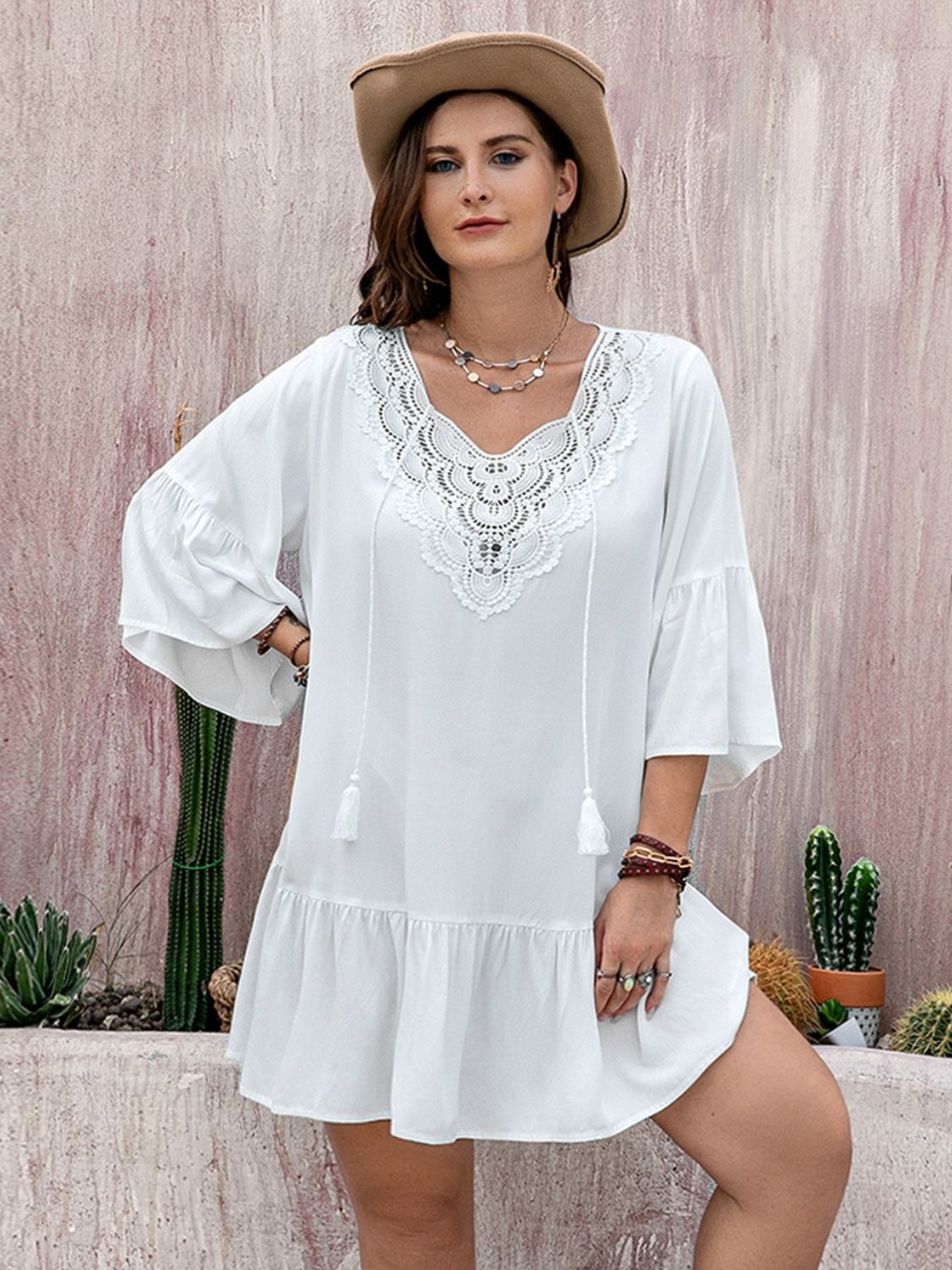 Plus Size Lace Detail Tie Neck Three-Quarter Sleeve Mini Dress Dress Trendsi   