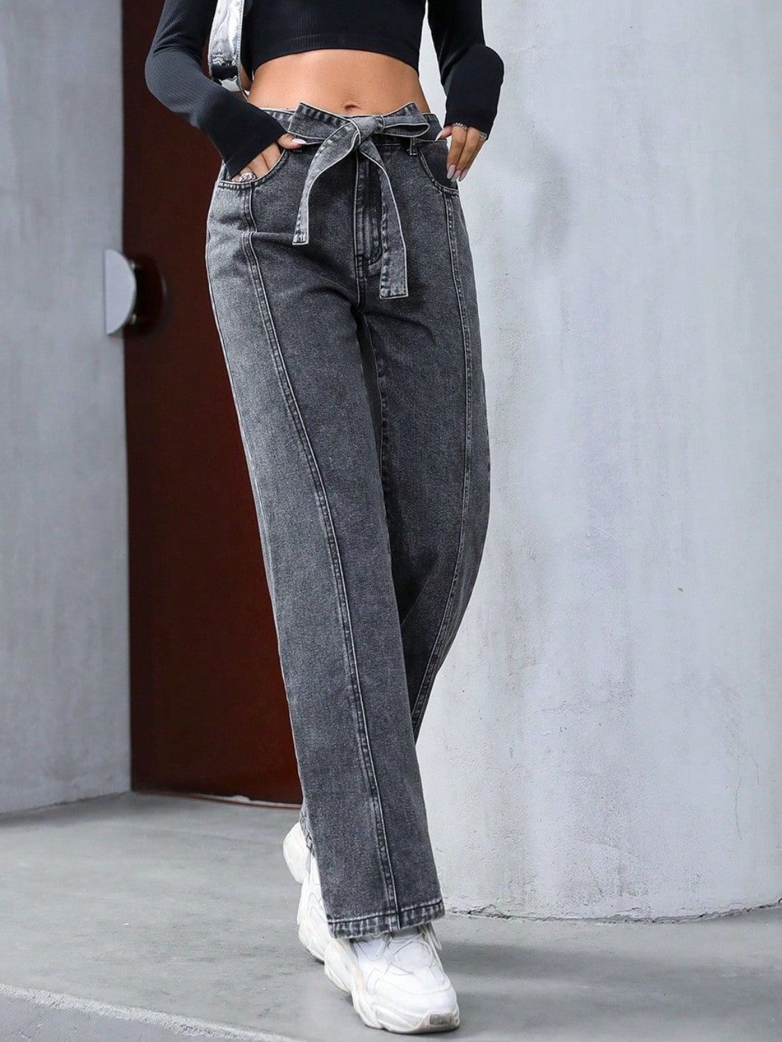 Tied Straight Leg Jeans with Pockets  Trendsi   