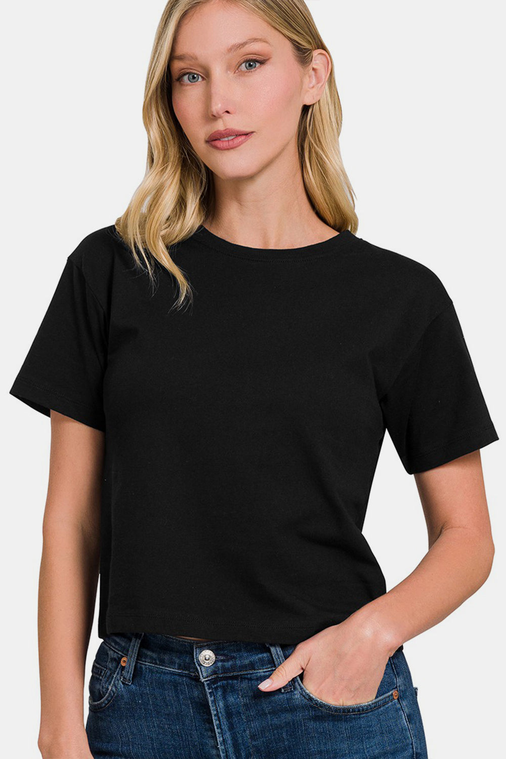 Zenana Round Neck Short Sleeve Cropped T-Shirt  Trendsi Black S 