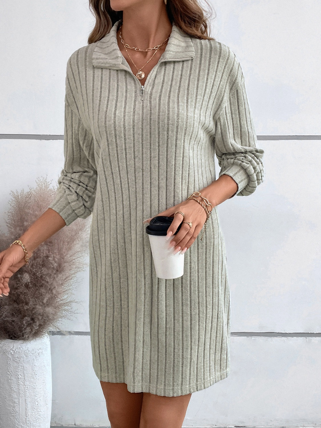 Ribbed Collared Neck Long Sleeve Dress Dress Trendsi   