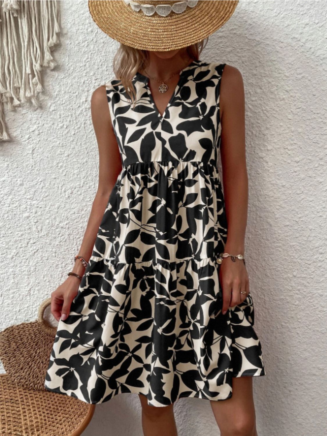 Printed Notched Sleeveless Mini Dress Dress Trendsi   