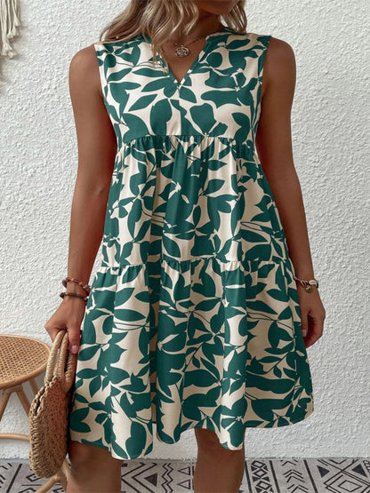 Printed Notched Sleeveless Mini Dress Dress Trendsi Turquoise S 