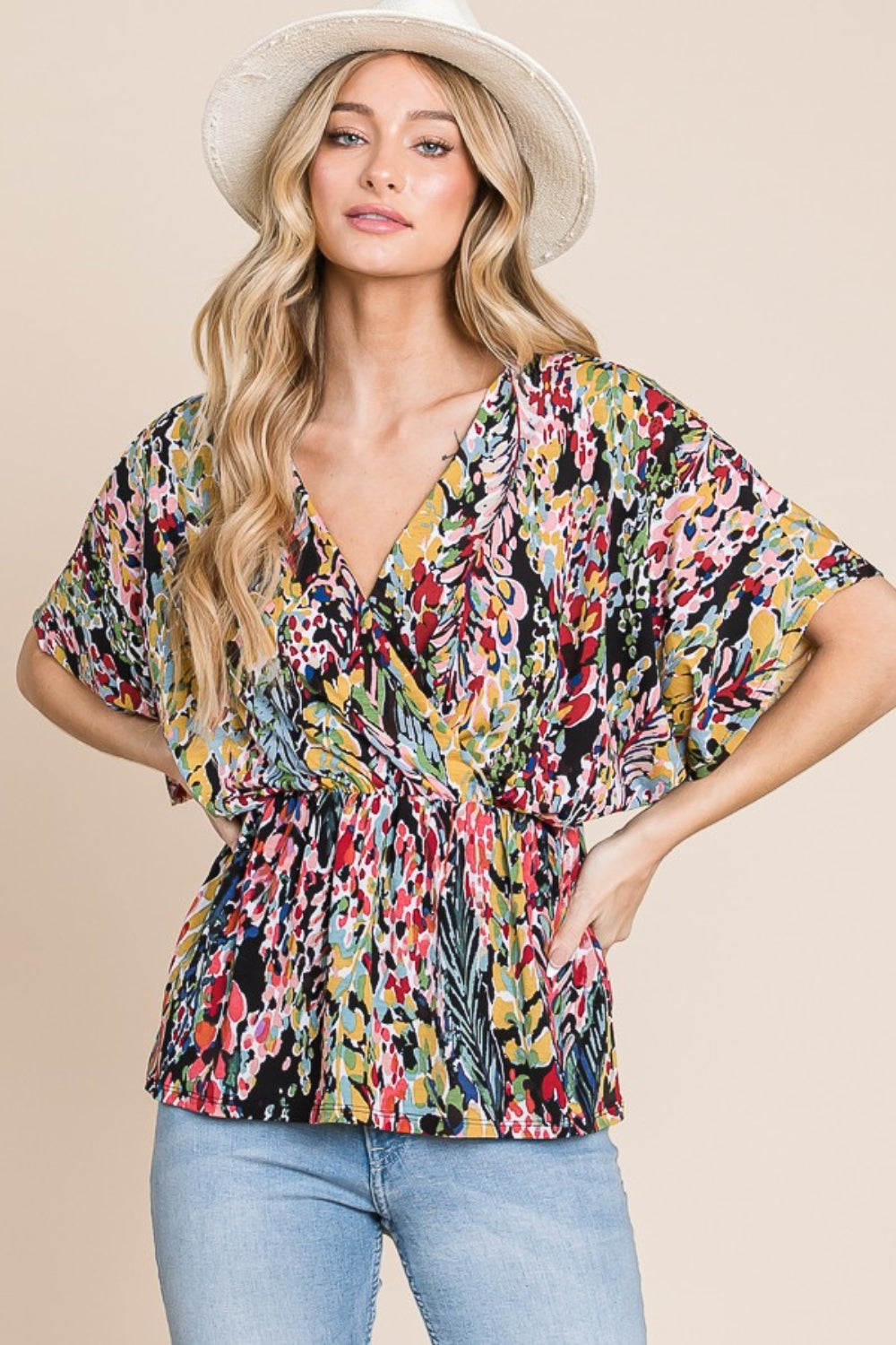 BOMBOM Printed Surplice Peplum Blouse  Trendsi   