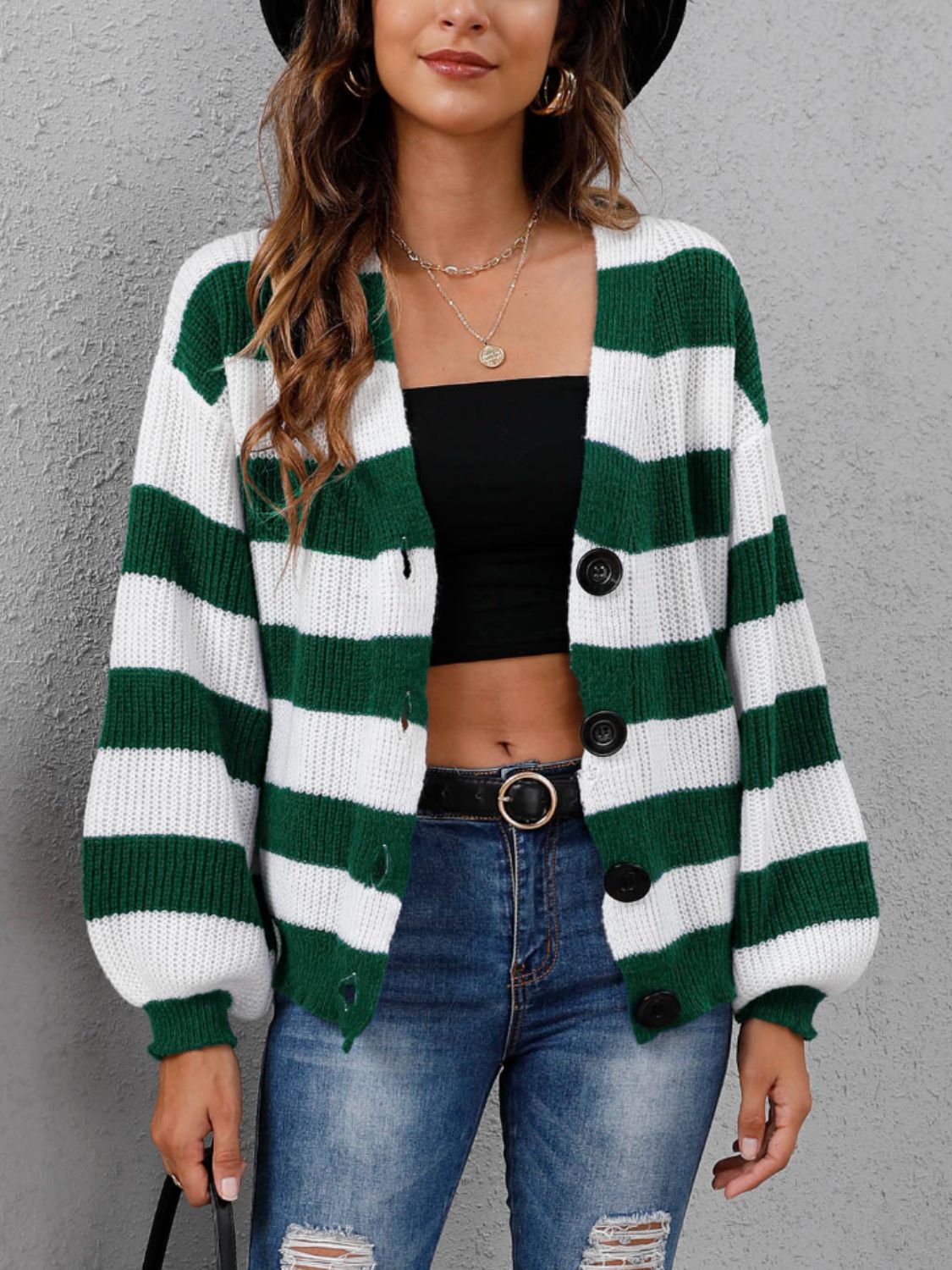 Striped Button Up Long Sleeve Sweater  Trendsi   