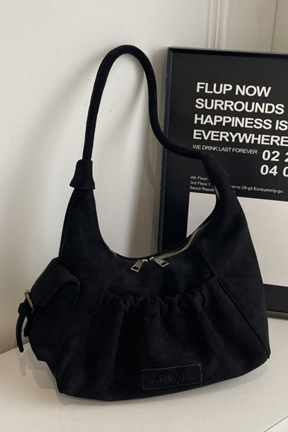 Ruched Suede Handbag with Zipper  Trendsi Black One Size 