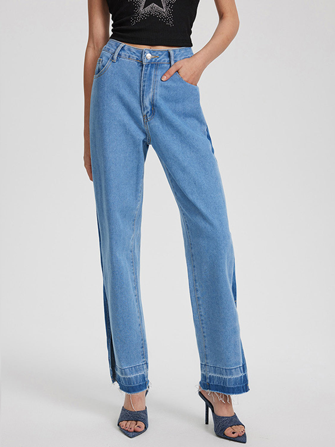 Slit Straight Leg Jeans with Pockets  Trendsi Light XS 