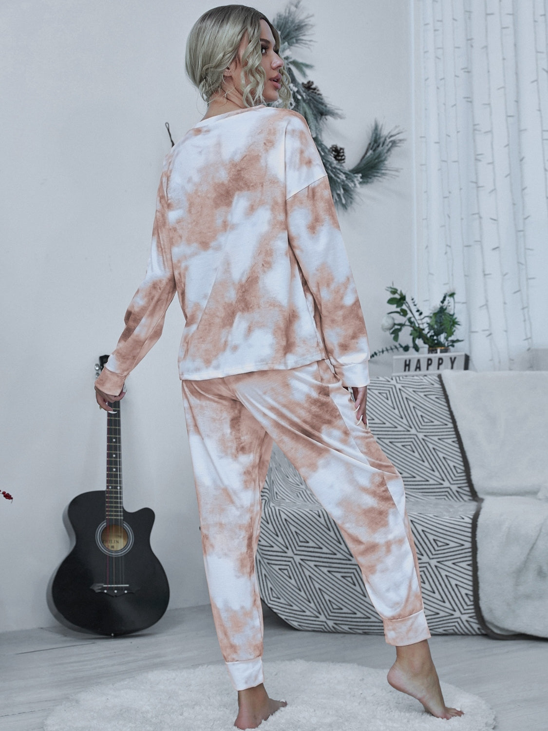 Shiny Tie-dye Round Neck Top and Drawstring Pants Lounge Set  Trendsi   