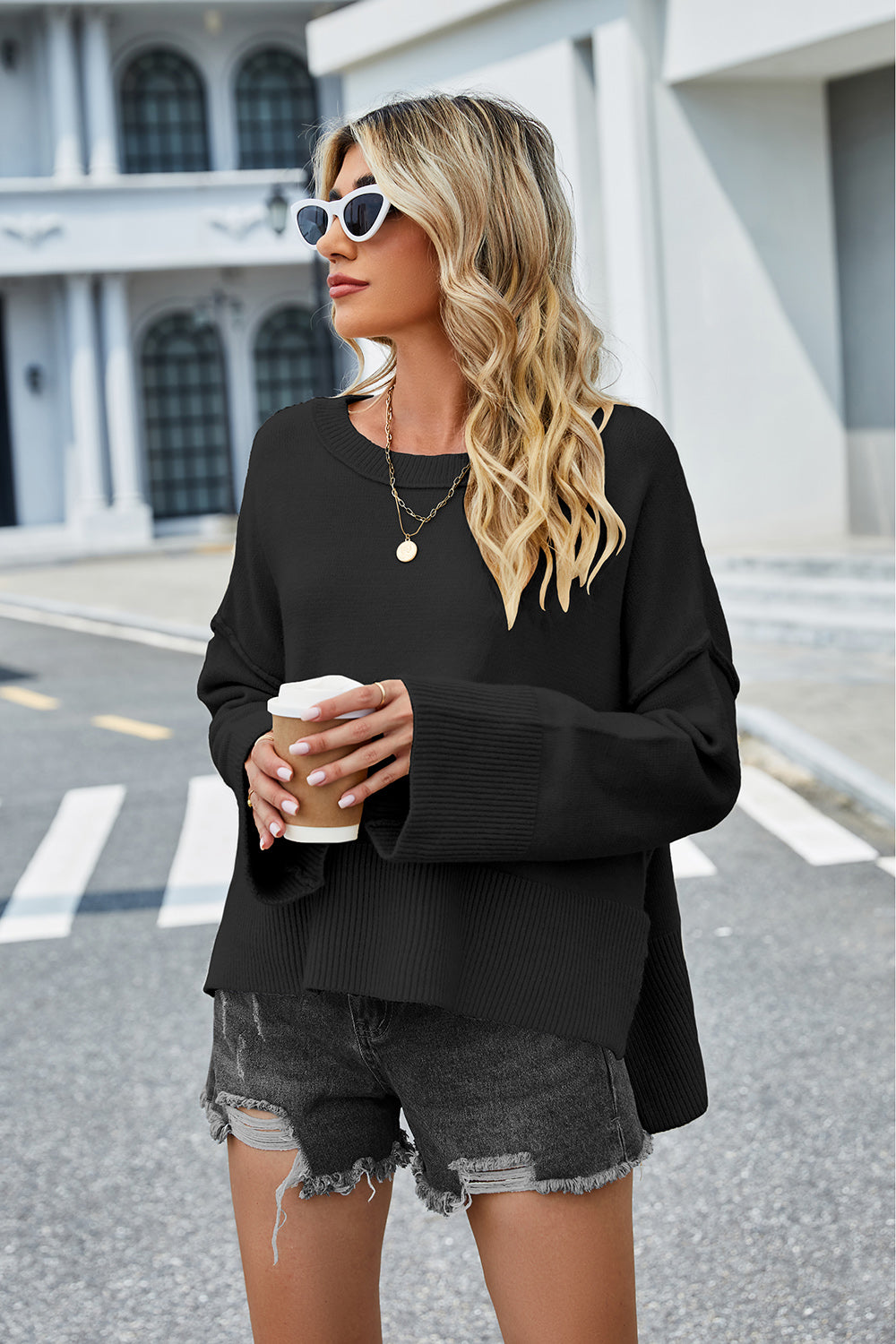 High-Low Slit Round Neck Long Sleeve Sweater  Trendsi   