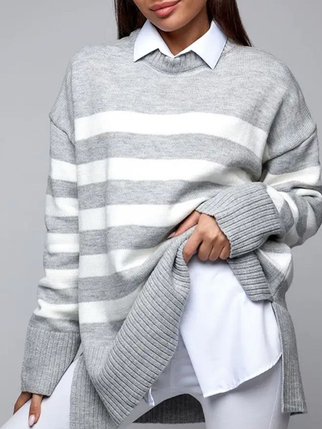 Slit Striped Round Neck Sweater  Trendsi   