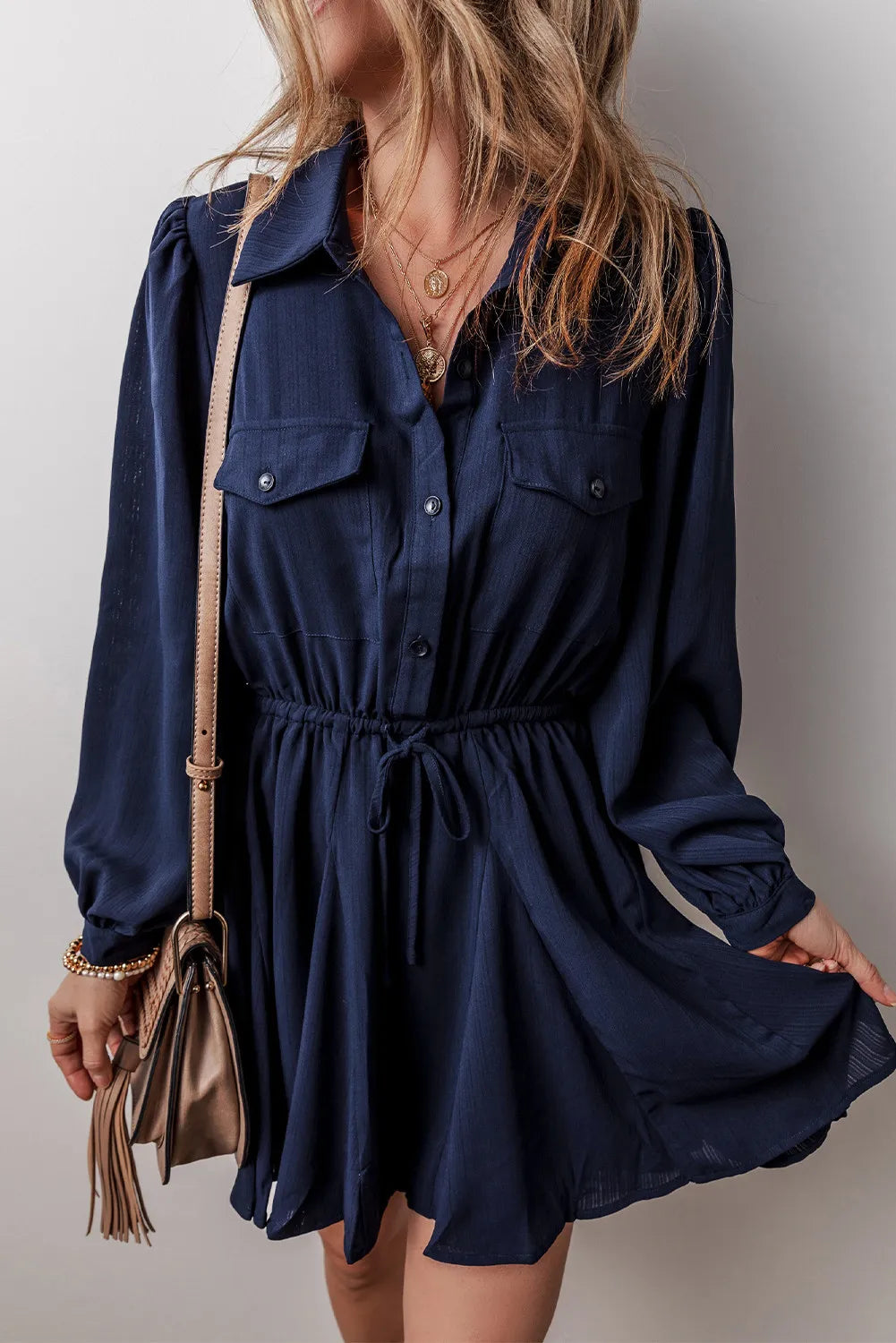 Drawstring Half Button Long Sleeve Dress Dress Trendsi   