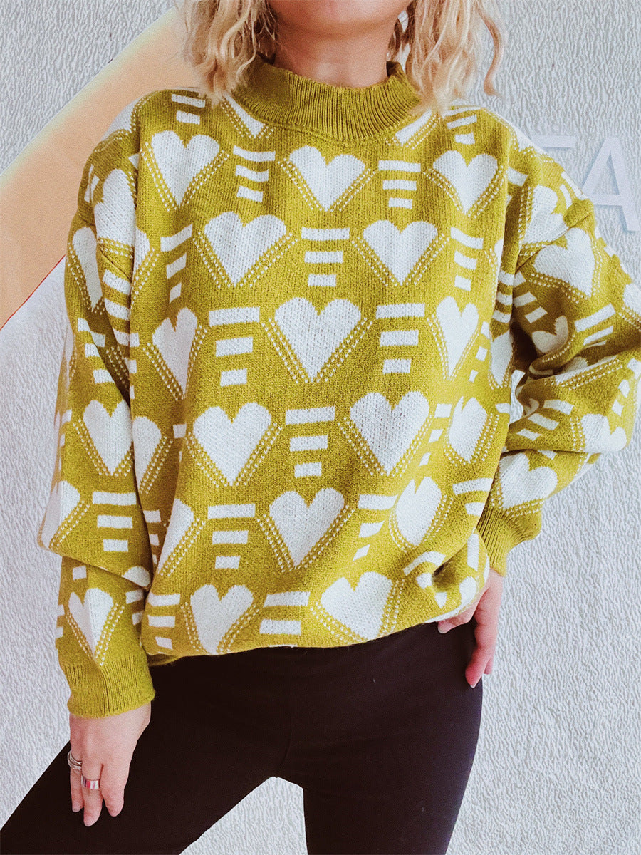 Heart Contrast Long Sleeve Dropped Shoulder Sweater  Trendsi   