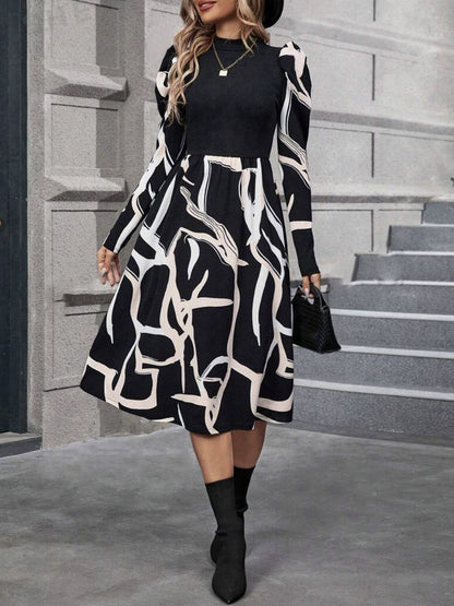 Printed Mock Neck Puff Sleeve Mini Dress Dress Trendsi   