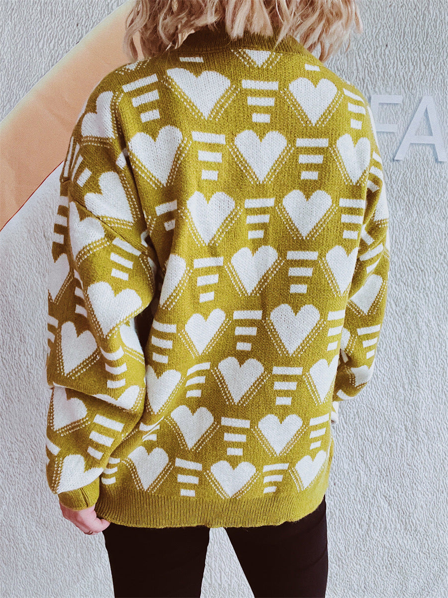 Heart Contrast Long Sleeve Dropped Shoulder Sweater  Trendsi   