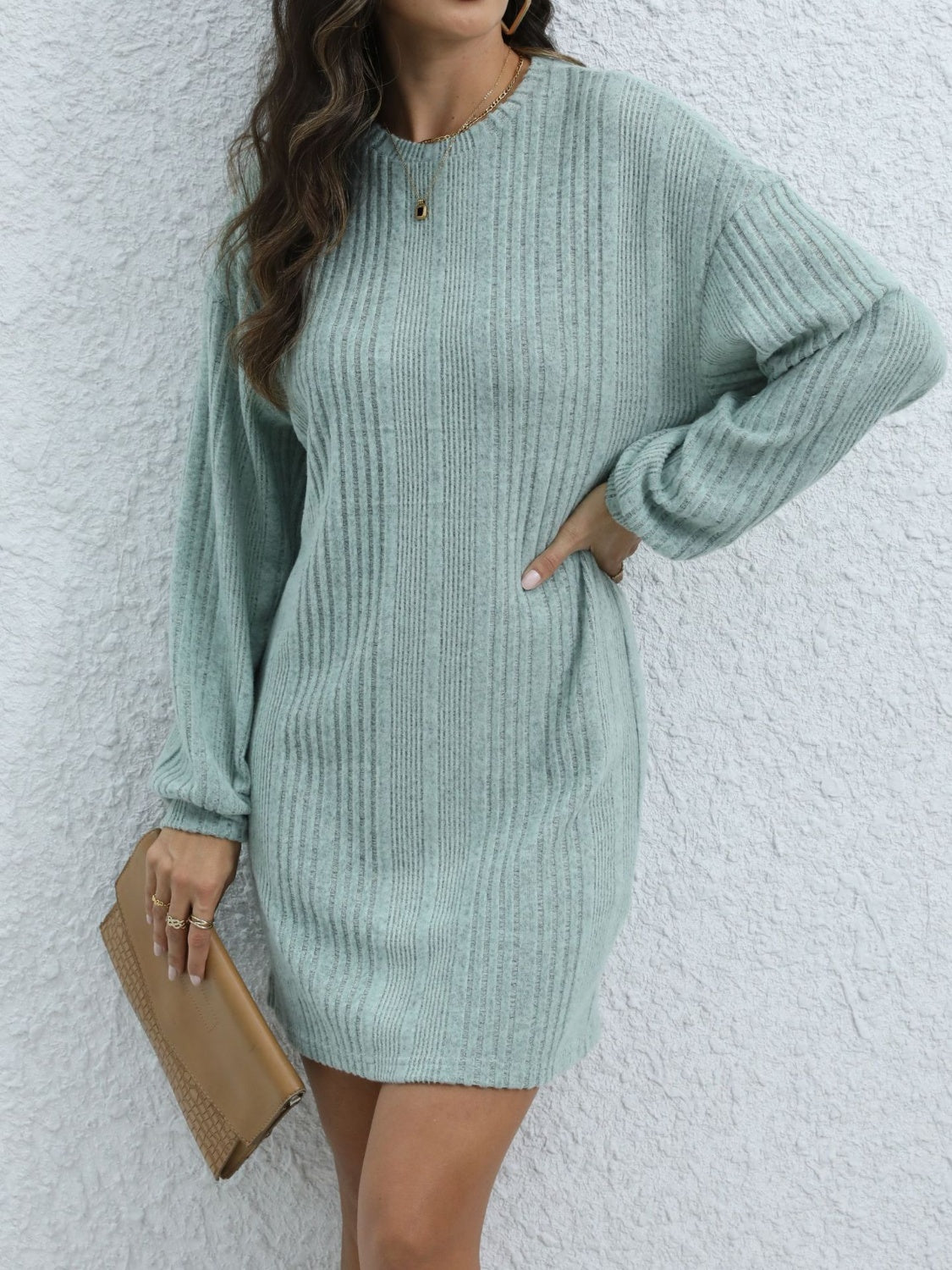 Round Neck Long Sleeve Mini Dress Dress Trendsi Air Force Blue S 