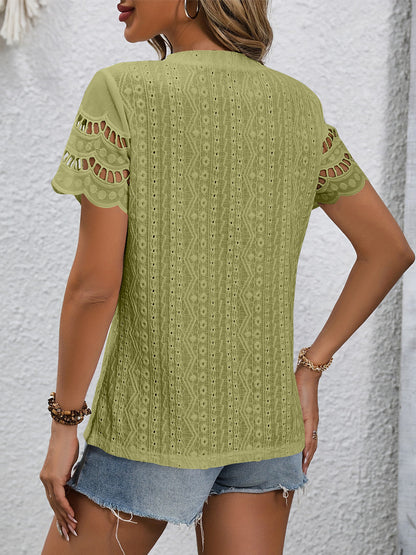 Full Size Eyelet Round Neck Short Sleeve Top Blouse Trendsi   