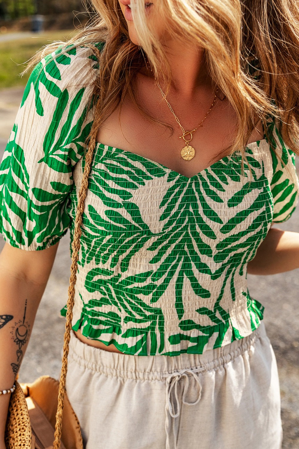 Smocked Printed Short Sleeve Blouse Blouse Trendsi   