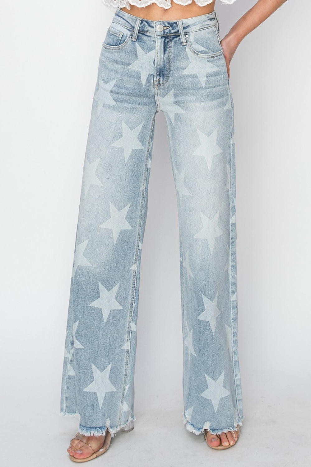 RISEN Full Size Raw Hem Star Wide Leg Jeans  Trendsi   