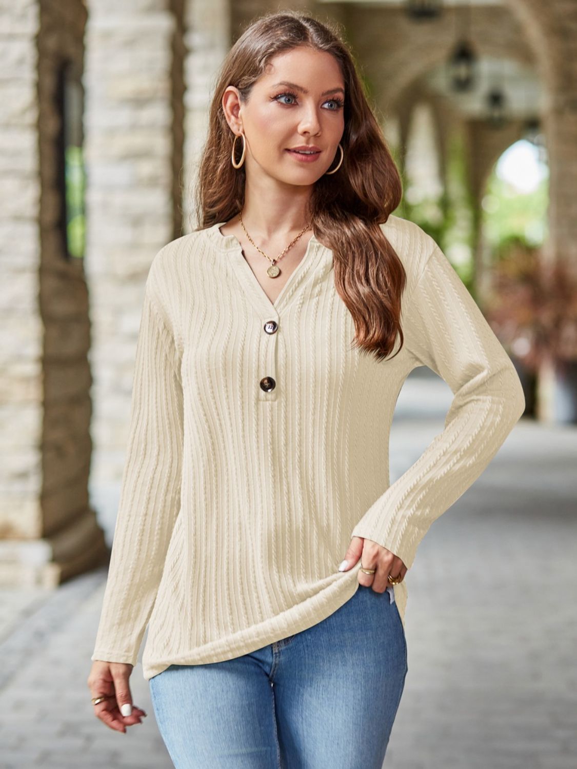 Mandy Notched Long Sleeve T-Shirt  Trendsi Ivory S 