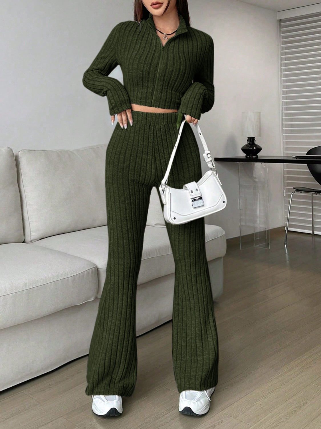 Honey Zip Up Long Sleeve Top and Pants Set  Trendsi   