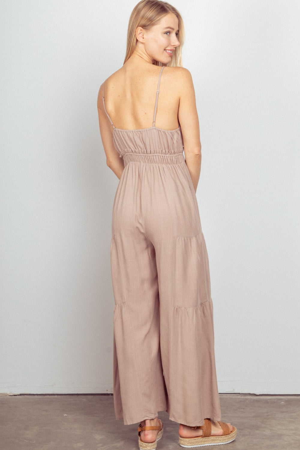 VERY J Sleeveless Ruched Wide Leg Jumpsuit  Trendsi   