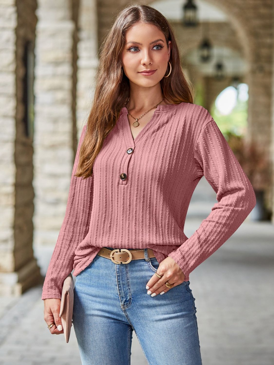 Mandy Notched Long Sleeve T-Shirt  Trendsi   