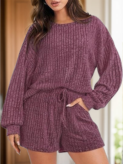 Round Neck Dropped Shoulder Top and Shorts Set  Trendsi Deep Purple S 