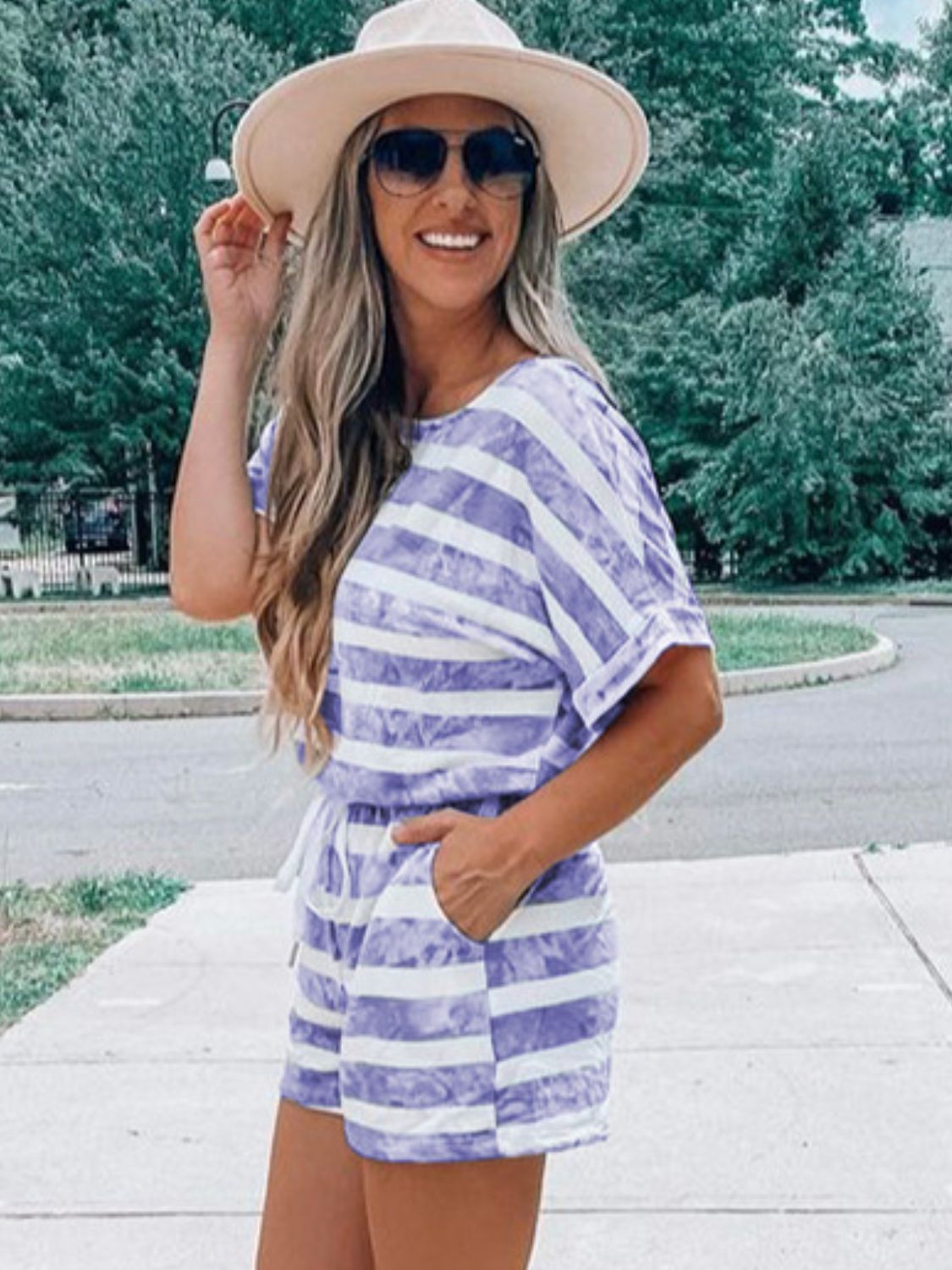 Striped Round Neck Top and Shorts Set  Trendsi   