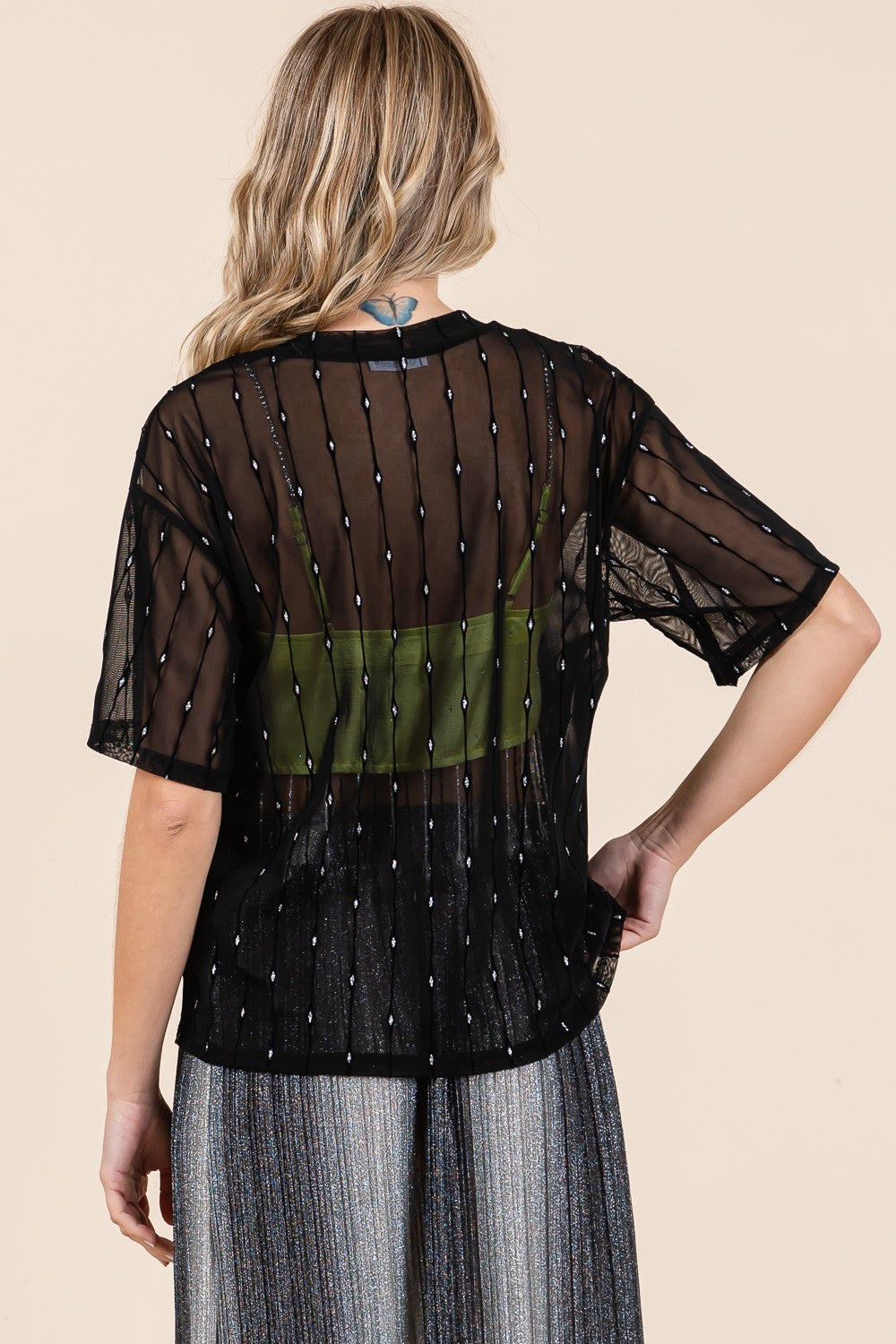 GeeGee Round Neck Drop Shoulder Mesh Glitter Top  Trendsi   