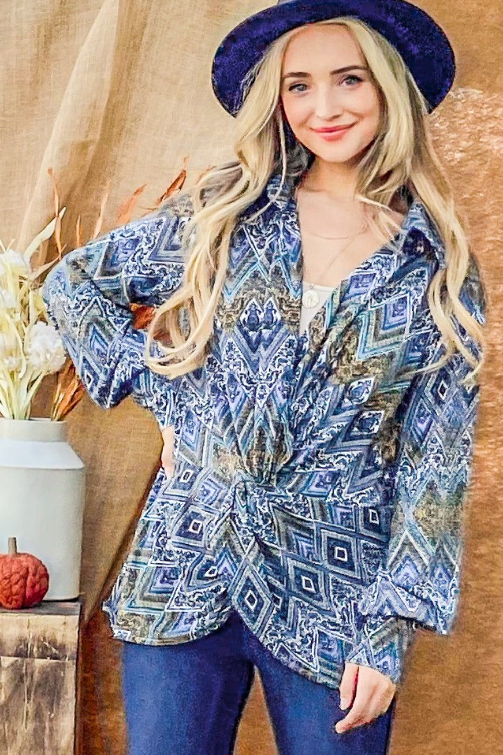 And The Why Print Twist Knot Long Sleeve Blouse  Trendsi   