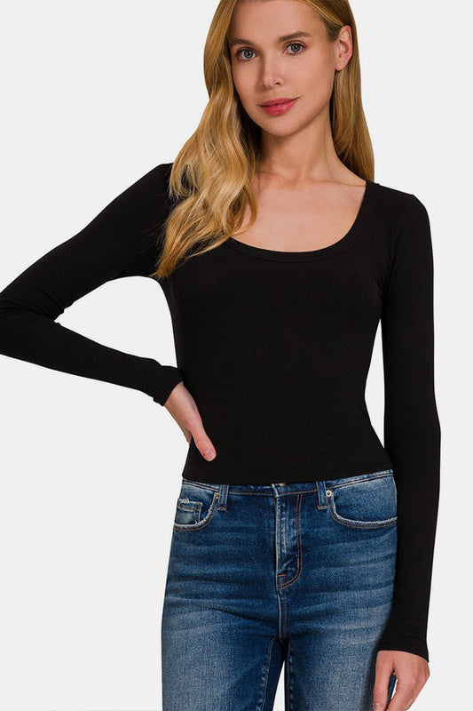 Zenana Scoop Neck Long Sleeve T-Shirt  Trendsi Black S 