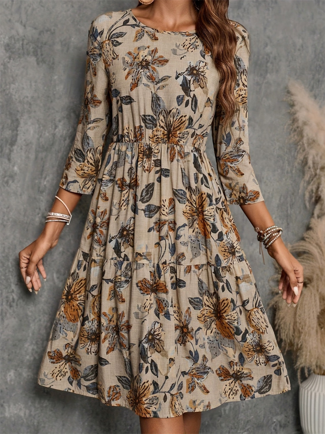 Printed Round Neck Three-Quarter Sleeve Dress  Trendsi Khaki S 