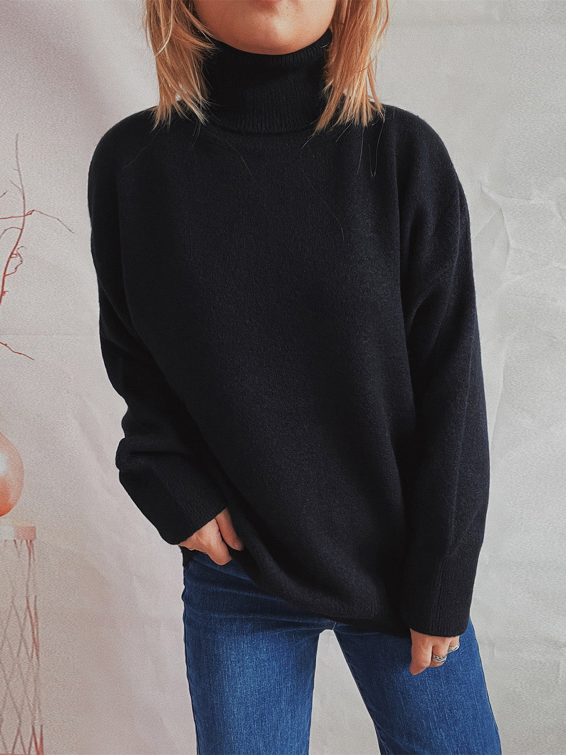 Turtleneck Long Sleeve Sweater  Trendsi Black One Size 