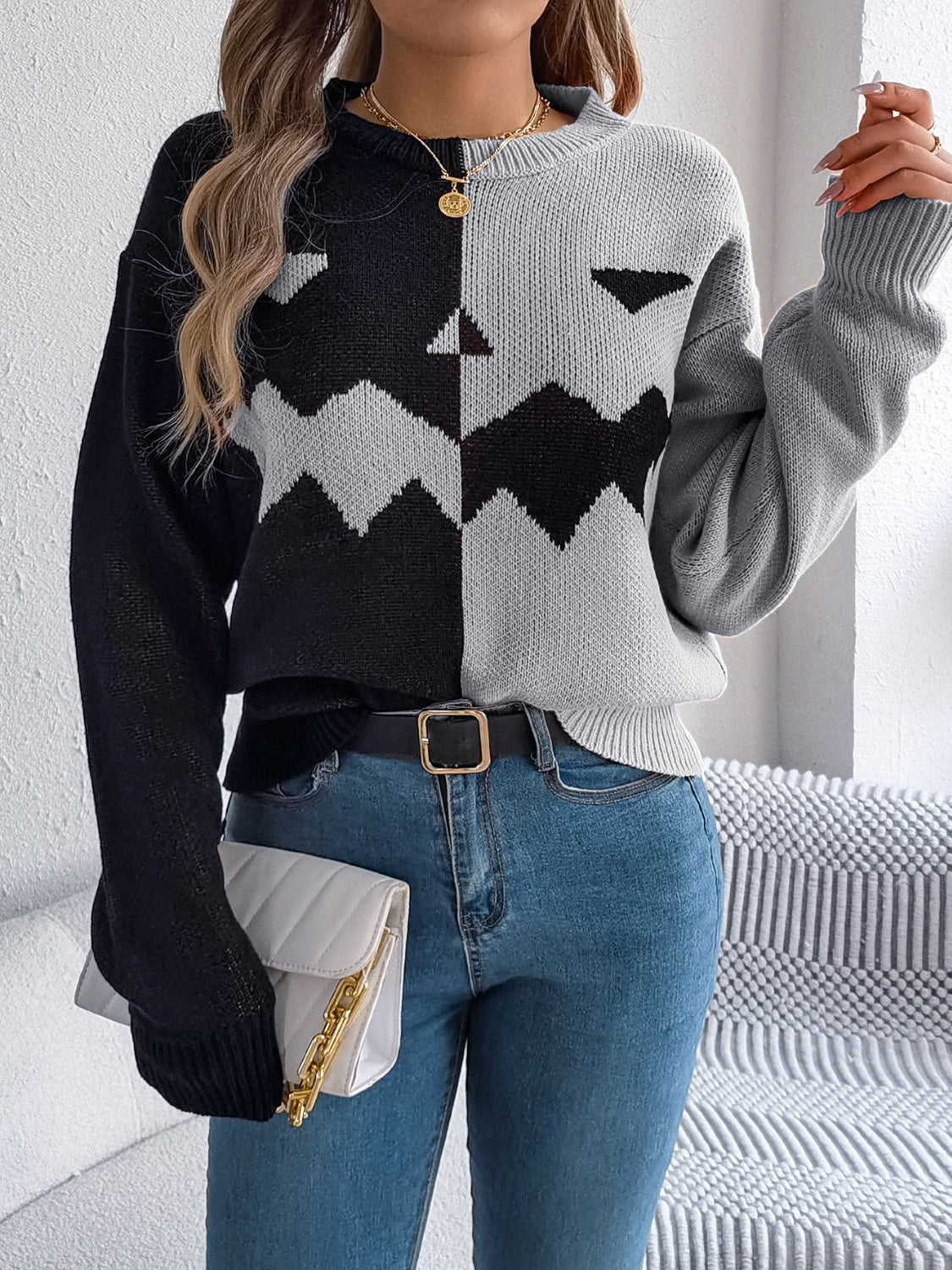 Contrast Round Neck Long Sleeve Sweater  Trendsi   