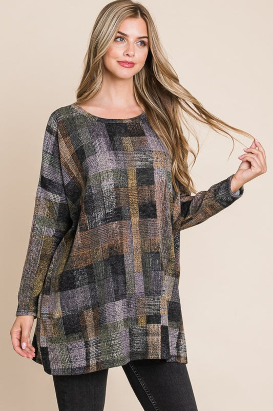 BOMBOM Plaid Round Neck Long Sleeve Top  Trendsi Multi S 