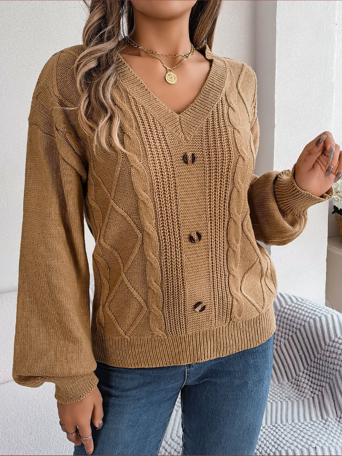 Cable-Knit Buttoned V-Neck Sweater  Trendsi Khaki S 