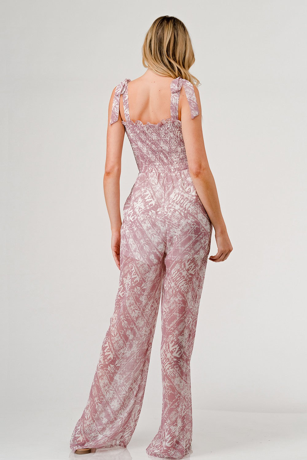 GeeGee Printed Tie Shoulder Wide Leg Jumpsuit  Trendsi   