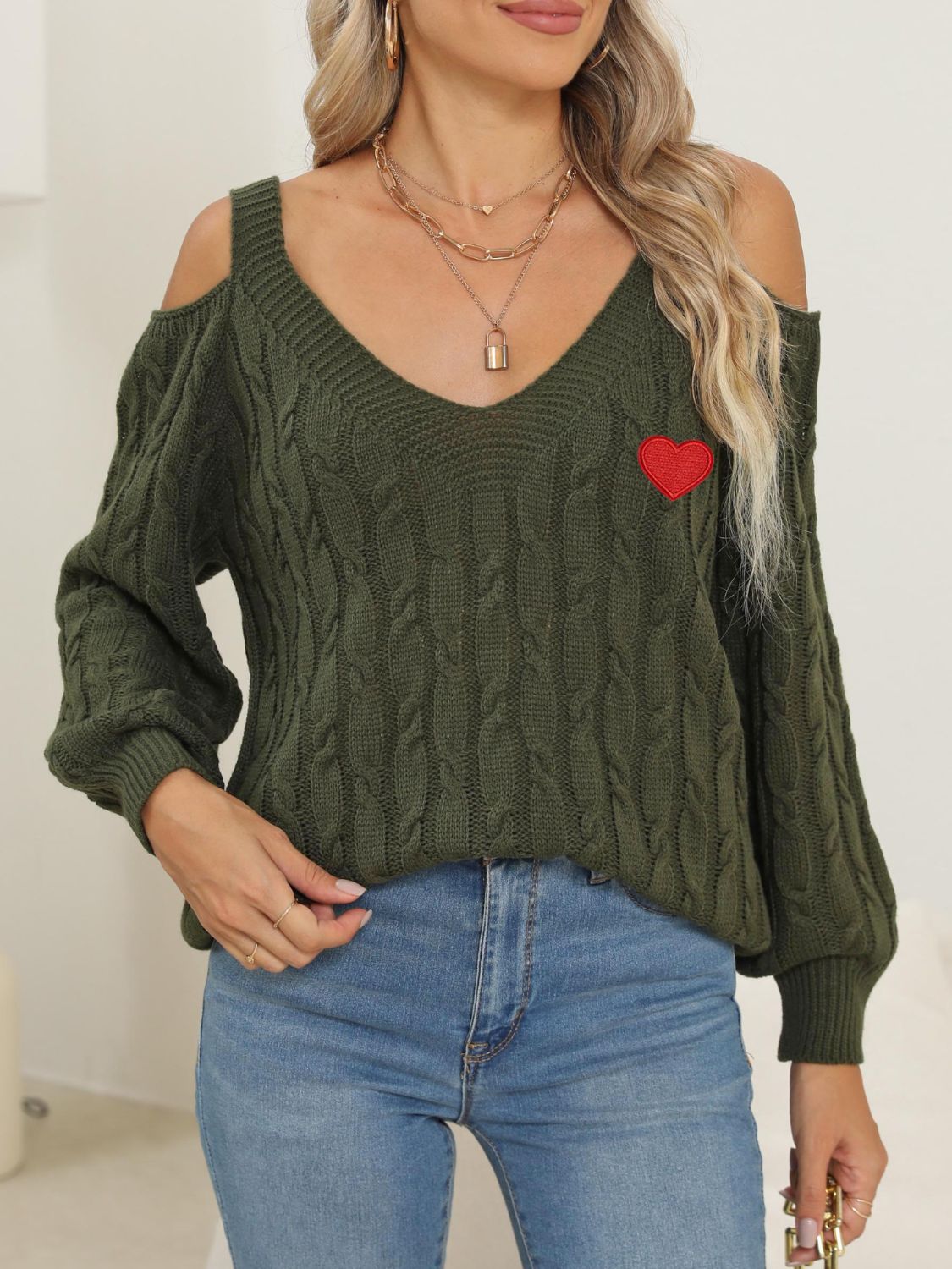 Cable-Knit Heart V-Neck Sweater  Trendsi Army Green S 